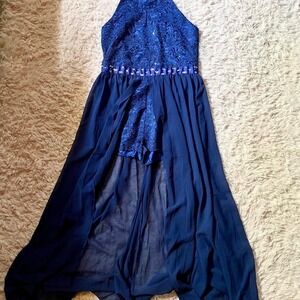 Whimsical Glam Lace Romper Maxi Sheer Overlay Dress Girls 16 Fairy Core Formal